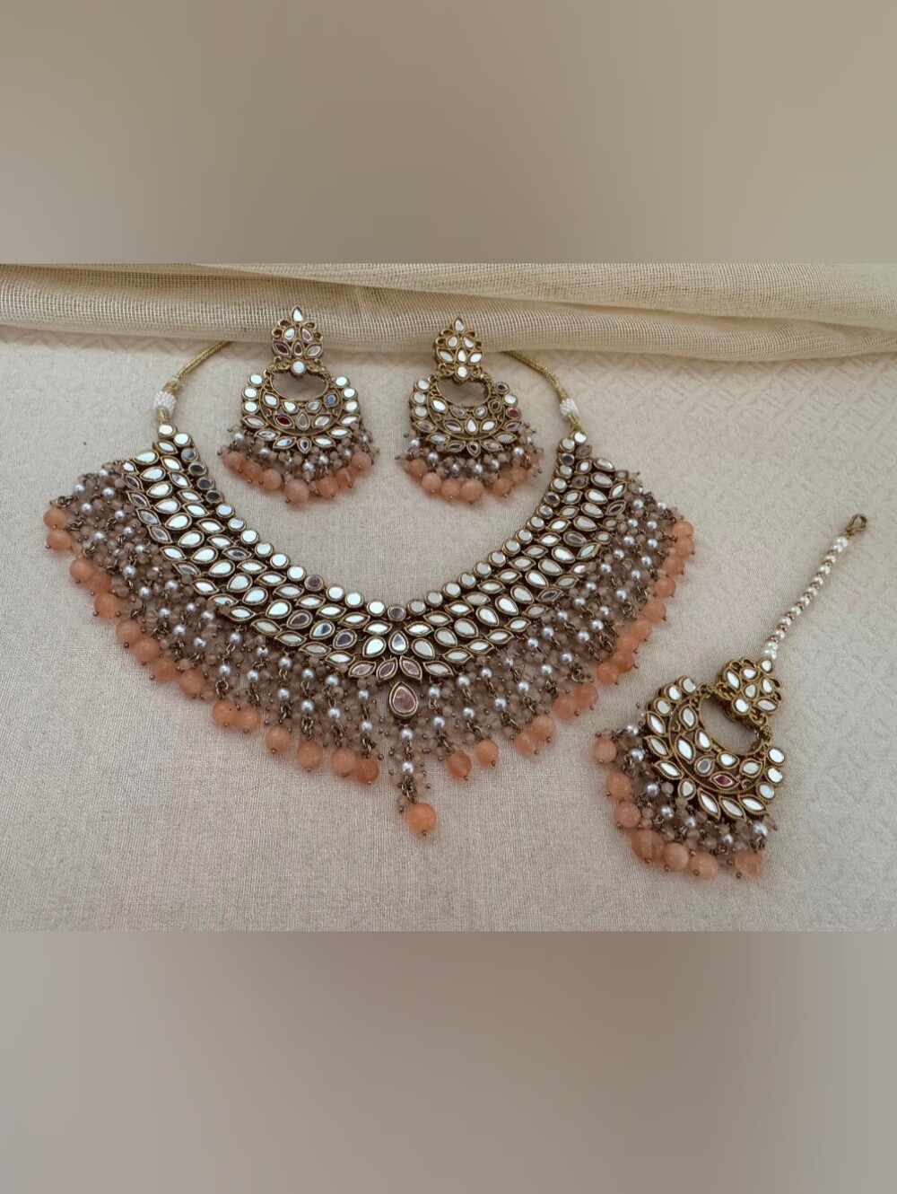 Peach And Silver Kundan Necklace Set with Earrings And Tikka - Bridal Jewelry